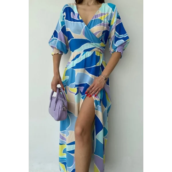 avi Desenli Yırtmaçlı Elbise