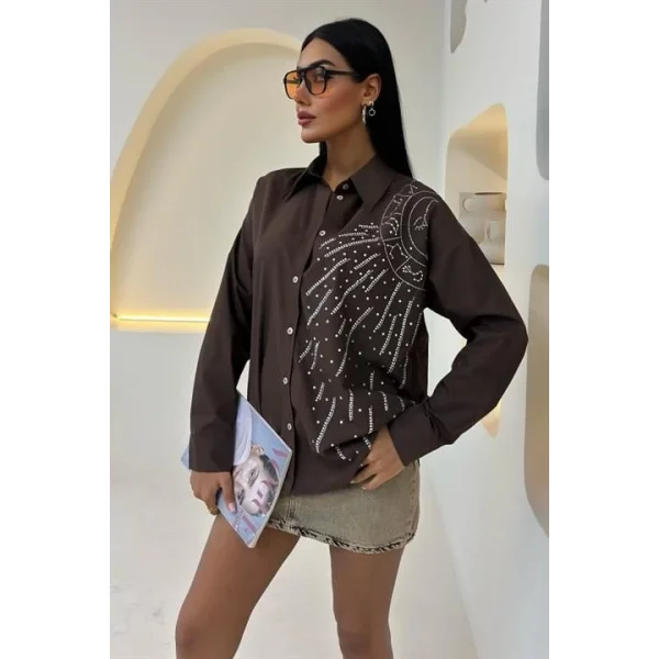 Ay Figürlü Taş İşlemeli Poplin Gömlek 3440