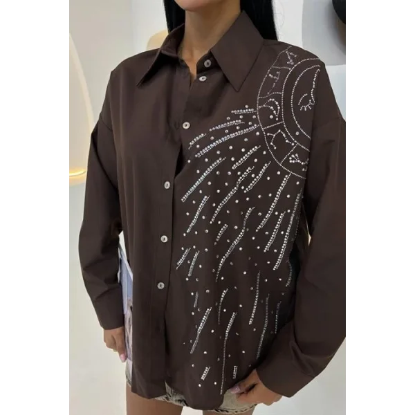 Ay Figürlü Taş İşlemeli Poplin Gömlek 3440