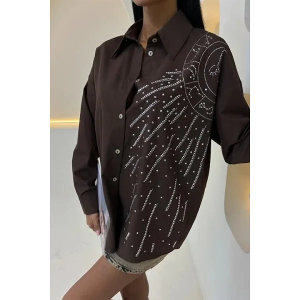Ay Figürlü Taş İşlemeli Poplin Gömlek 3440