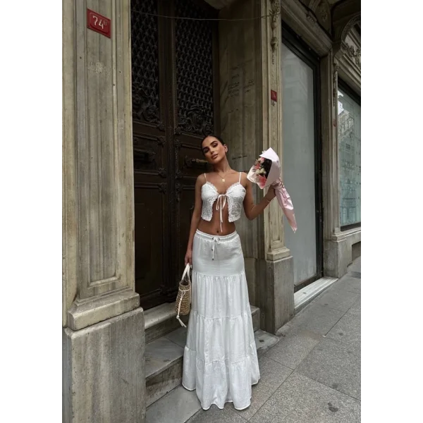 Bağacıklı Uzun Etek  Beyaz