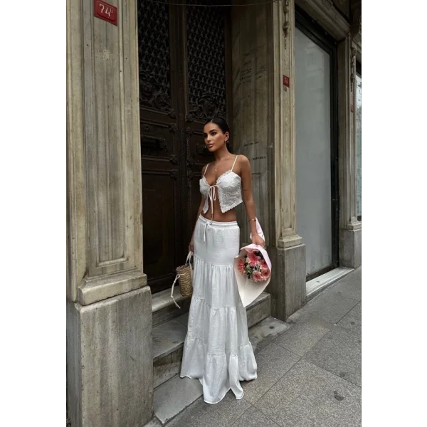 Bağacıklı Uzun Etek  Beyaz