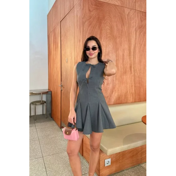 Bağcık detaylı Kolsuz Mini Elbise - Antrasit