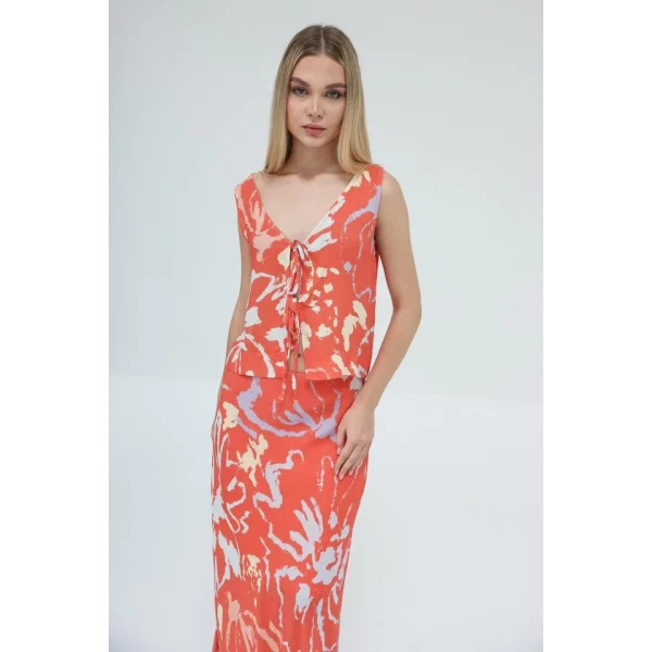 Bağcıklı Bluzlu Etek Takım  Kırmızı