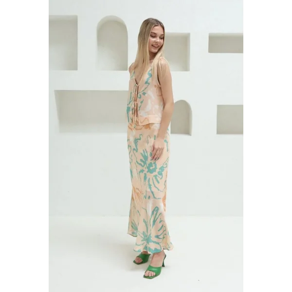 Bağcıklı Bluzlu Etek Takım  Pudra