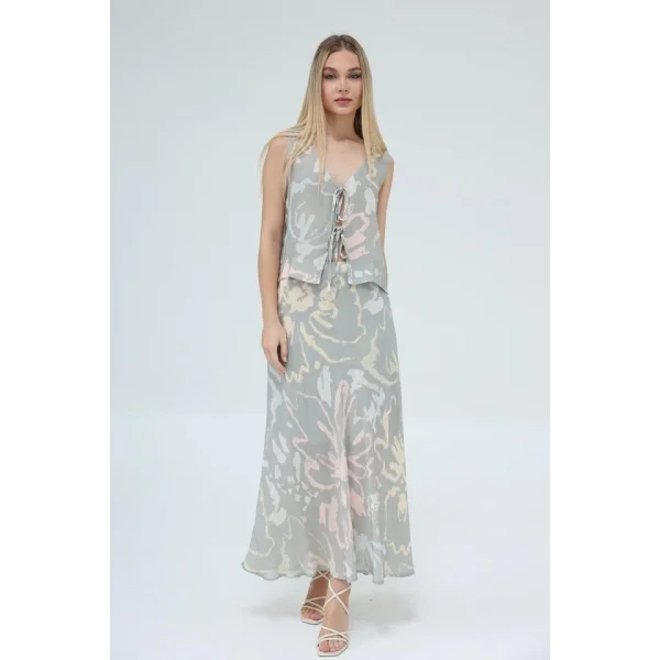 Bağcıklı Bluzlu Etek Takım  Vizon