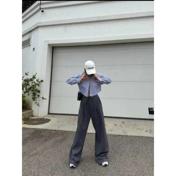 Bağcıklı Palazzo Bol Paça Pantolon - Gri