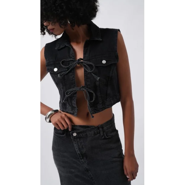 Bağlama Detay Denim Yelek