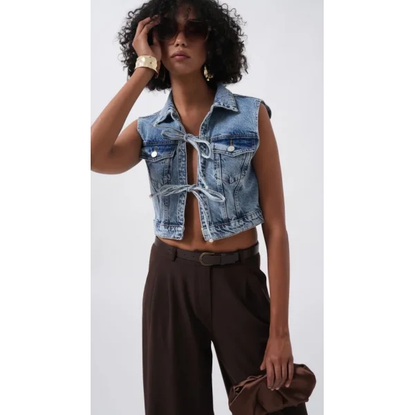 Bağlama Detay Denim Yelek