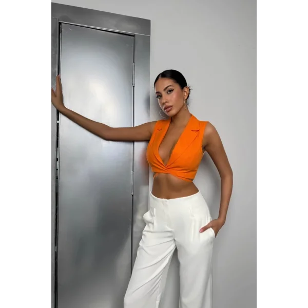 Bağlama Detay Keten Yelek