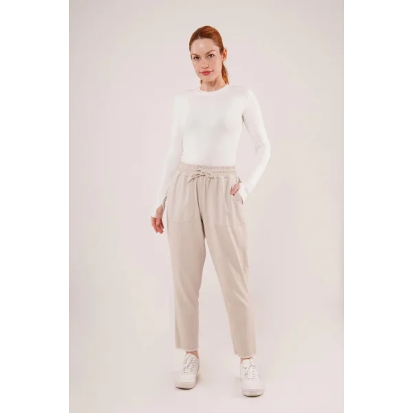 Bağlama Detaylı Cepli Krem Pantolon