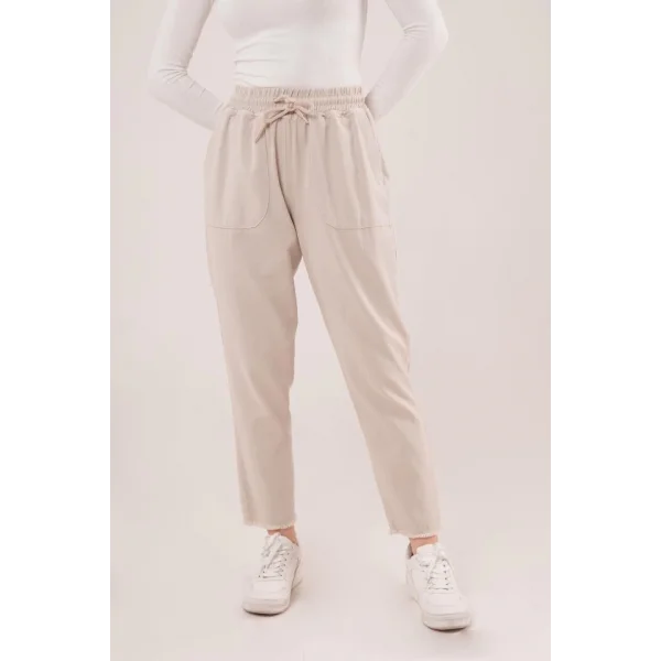 Bağlama Detaylı Cepli Krem Pantolon