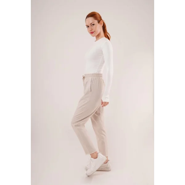 Bağlama Detaylı Cepli Krem Pantolon