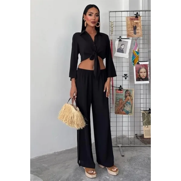 Bağlamalı Gömlek Ve Yırtmaç Pantolonlu Ayrobin Takım 10179