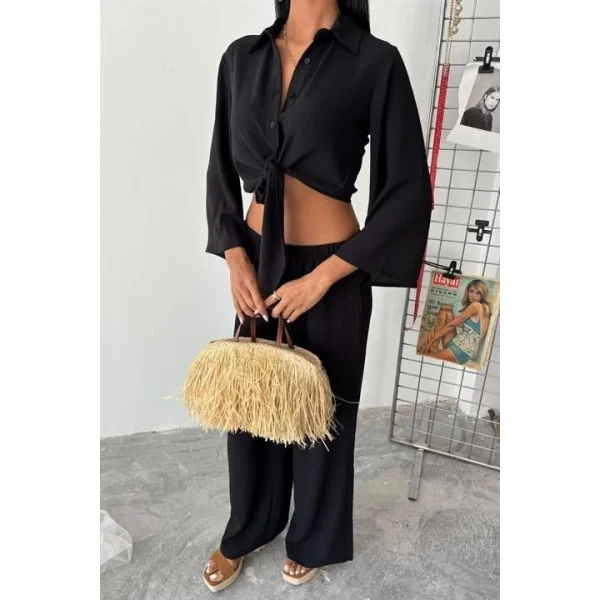 Bağlamalı Gömlek Ve Yırtmaç Pantolonlu Ayrobin Takım 10179