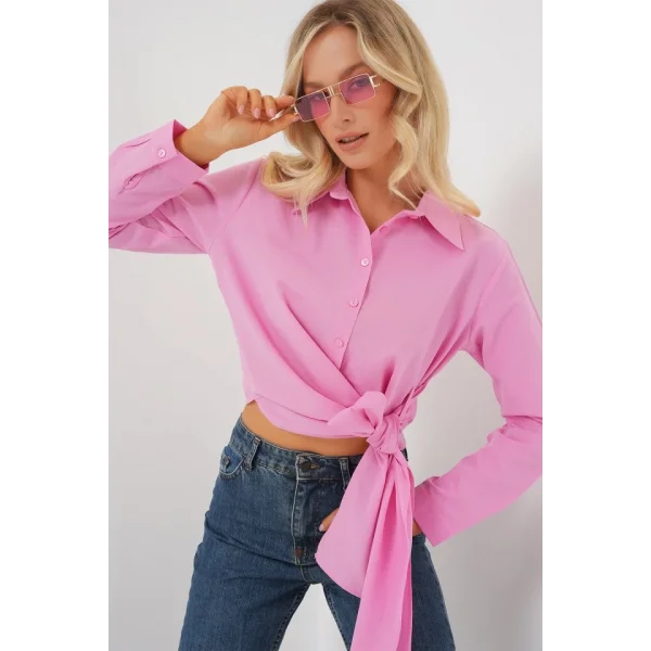 Bağlamalı Uzun Kol Gömlek 20325 - Pembe