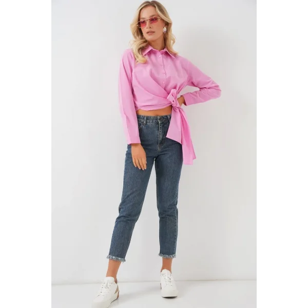 Bağlamalı Uzun Kol Gömlek 20325 - Pembe