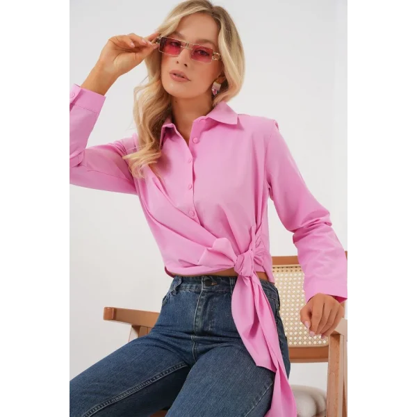 Bağlamalı Uzun Kol Gömlek 20325 - Pembe