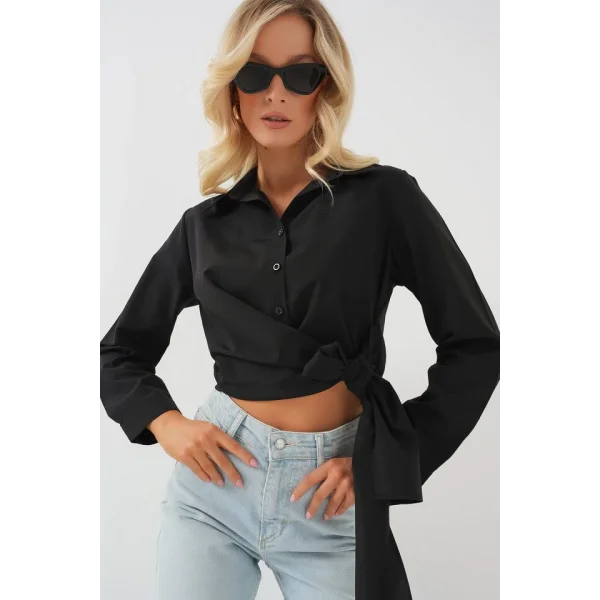 Bağlamalı Uzun Kol Gömlek 20325 - Siyah