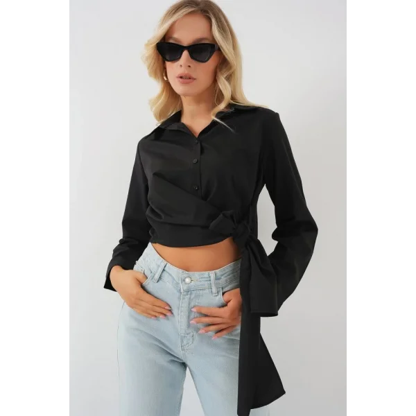 Bağlamalı Uzun Kol Gömlek 20325 - Siyah