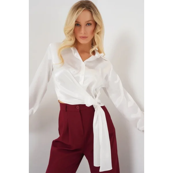 Bağlamalı Uzun Kol Saten Gömlek 20287 - Beyaz