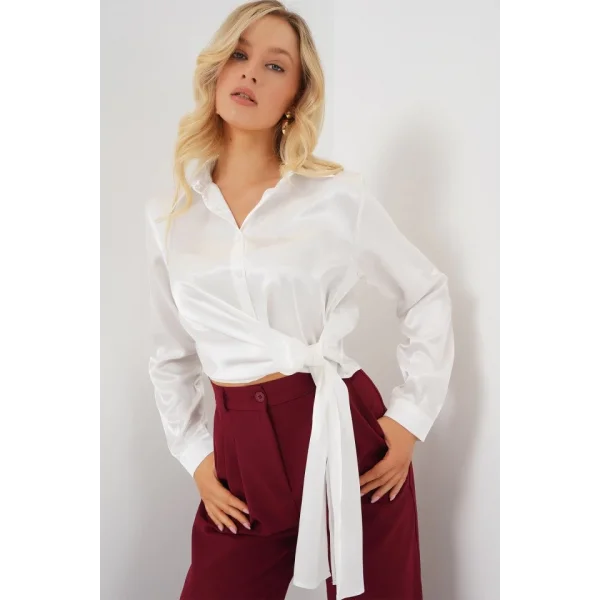 Bağlamalı Uzun Kol Saten Gömlek 20287 - Beyaz
