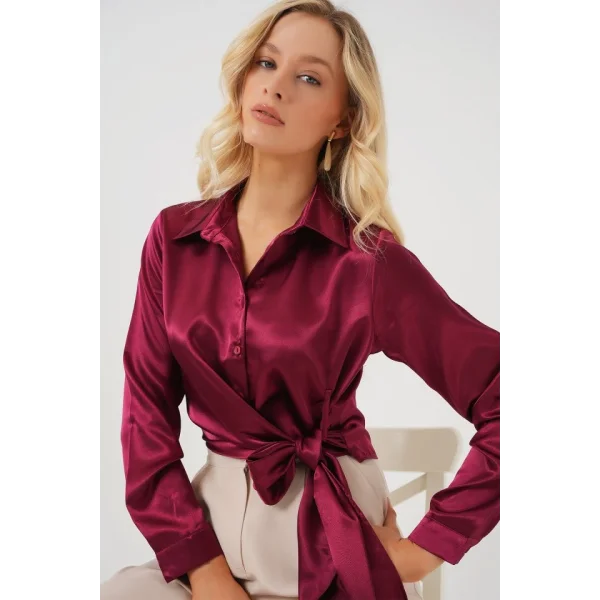 Bağlamalı Uzun Kol Saten Gömlek 20287 - Bordo