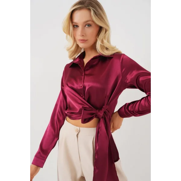 Bağlamalı Uzun Kol Saten Gömlek 20287 - Bordo