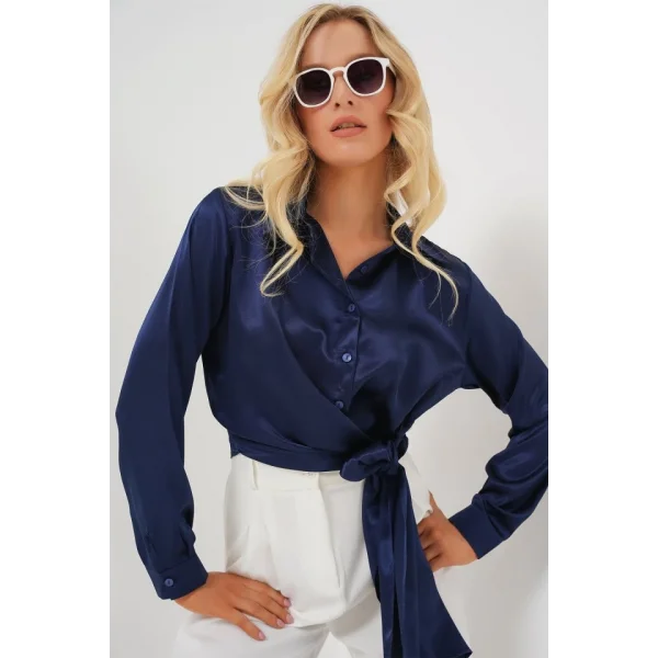 Bağlamalı Uzun Kol Saten Gömlek 20287 - Lacivert