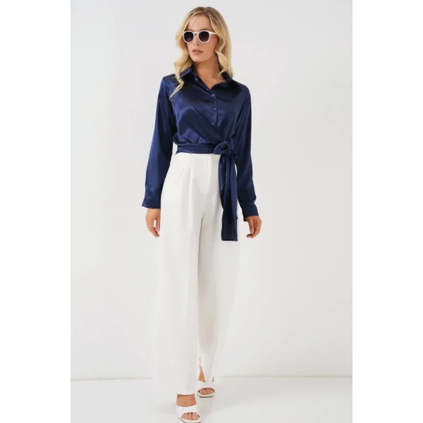 Bağlamalı Uzun Kol Saten Gömlek 20287 - Lacivert