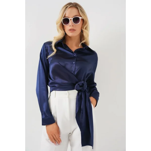 Bağlamalı Uzun Kol Saten Gömlek 20287 - Lacivert