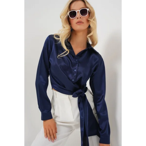 Bağlamalı Uzun Kol Saten Gömlek 20287 - Lacivert