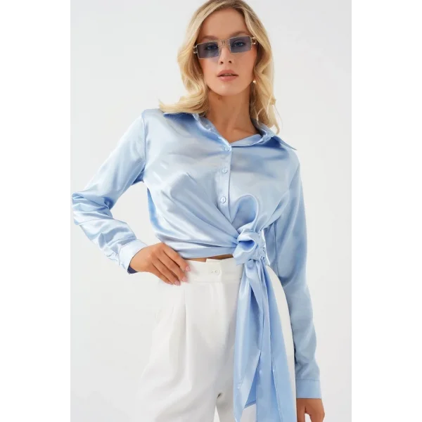 Bağlamalı Uzun Kol Saten Gömlek 20287 - Mavi