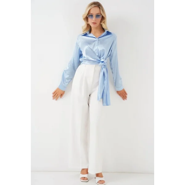 Bağlamalı Uzun Kol Saten Gömlek 20287 - Mavi