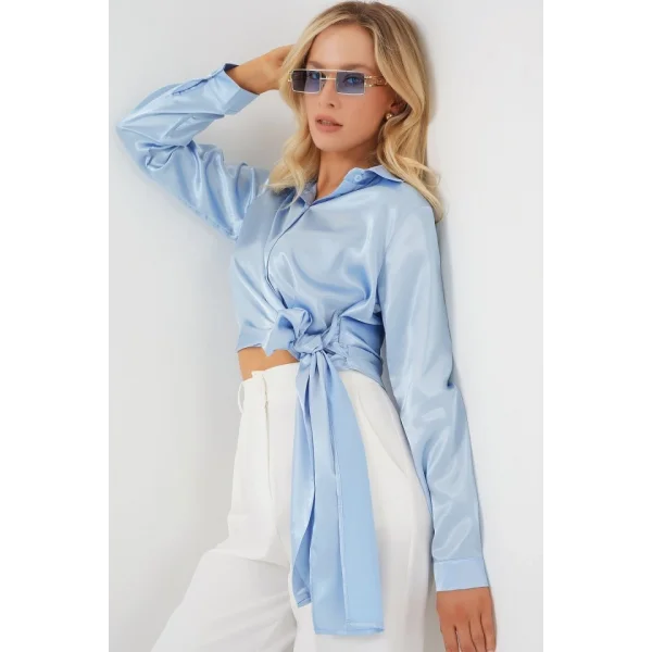 Bağlamalı Uzun Kol Saten Gömlek 20287 - Mavi