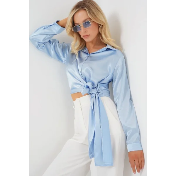 Bağlamalı Uzun Kol Saten Gömlek 20287 - Mavi