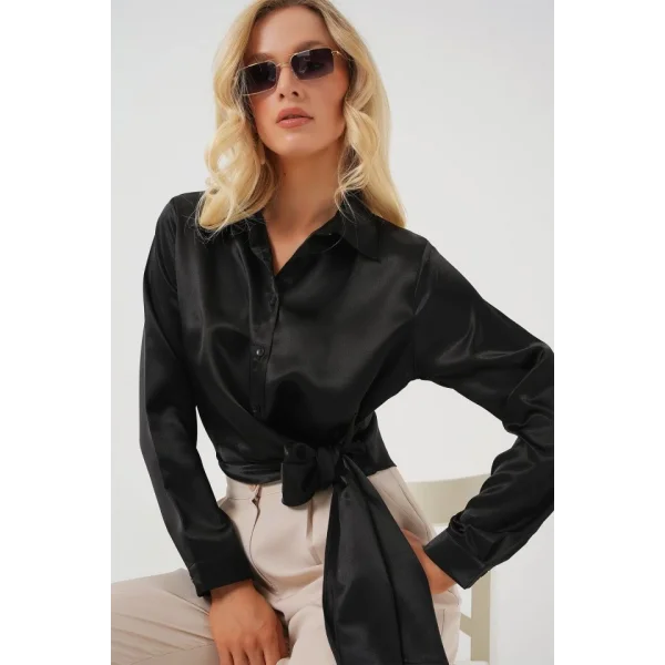 Bağlamalı Uzun Kol Saten Gömlek 20287 - Siyah