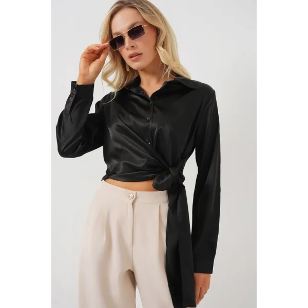 Bağlamalı Uzun Kol Saten Gömlek 20287 - Siyah