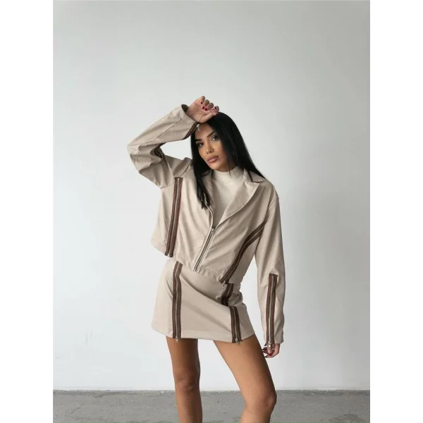 BAKAVA DERİ CROP CEKET FERUAR AKEUAR DETAYI  Bej