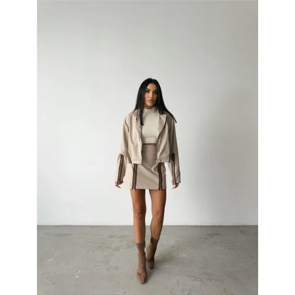 BAKAVA DERİ CROP CEKET FERUAR AKEUAR DETAYI  Bej