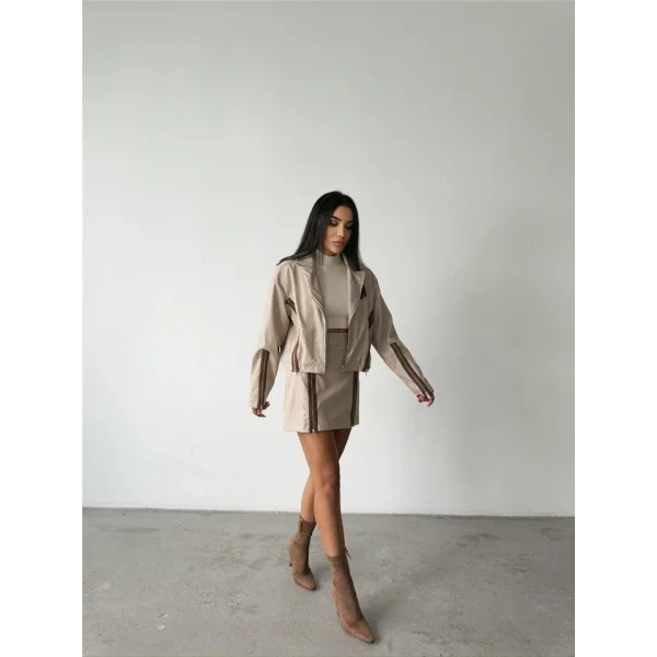 BAKAVA DERİ CROP CEKET FERUAR AKEUAR DETAYI  Bej