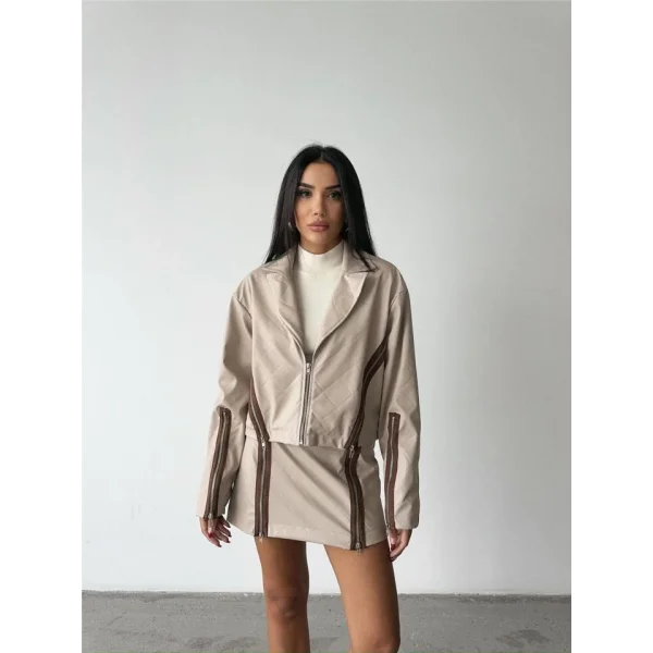 BAKAVA DERİ CROP CEKET FERUAR AKEUAR DETAYI  Bej