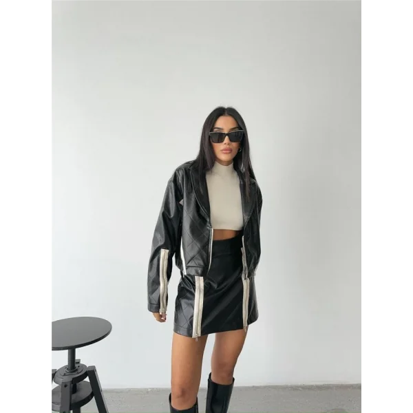 BAKAVA DERİ CROP CEKET FERUAR AKEUAR DETAYI  iyah