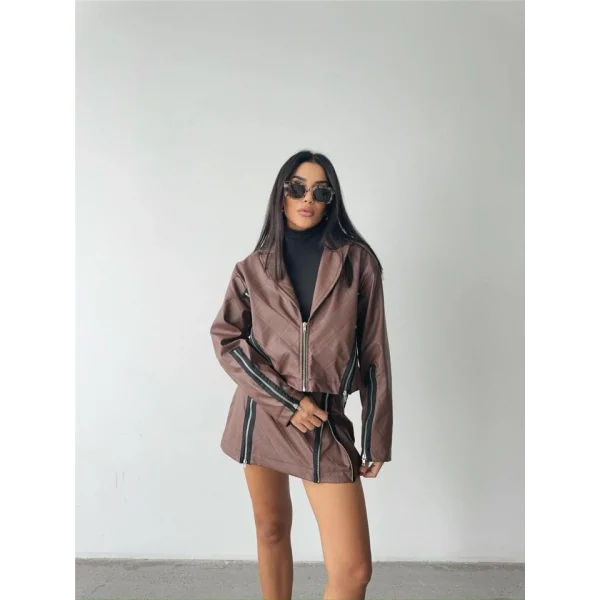 BAKAVA DERİ CROP CEKET FERUAR AKEUAR DETAYI  Kahverengi