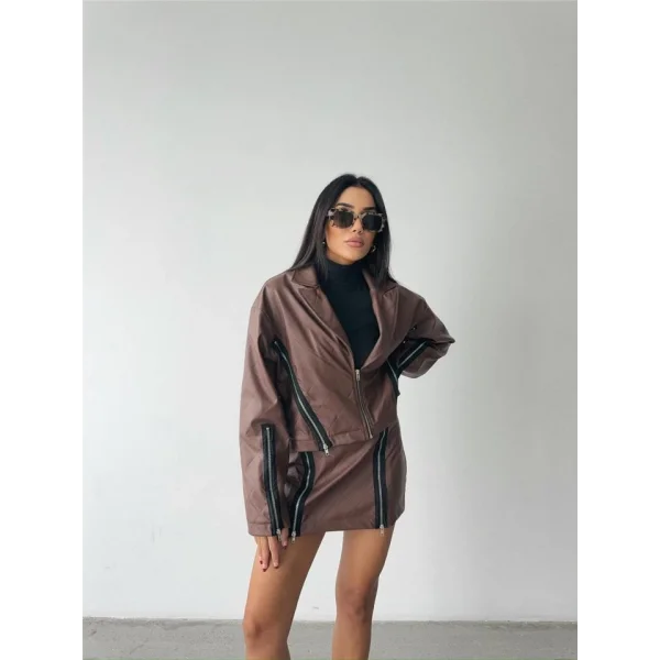 BAKAVA DERİ CROP CEKET FERUAR AKEUAR DETAYI  Kahverengi