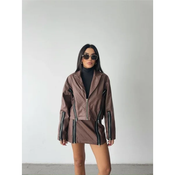 BAKAVA DERİ CROP CEKET FERUAR AKEUAR DETAYI  Kahverengi