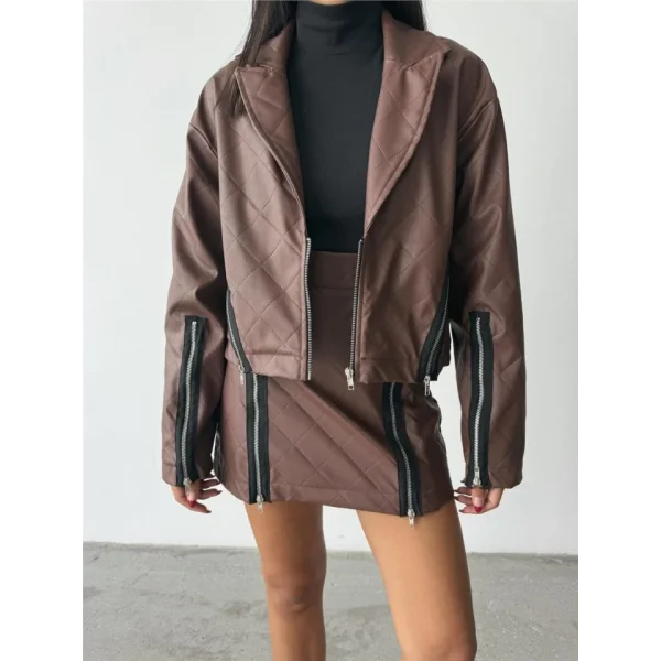 BAKAVA DERİ CROP CEKET FERUAR AKEUAR DETAYI  Kahverengi