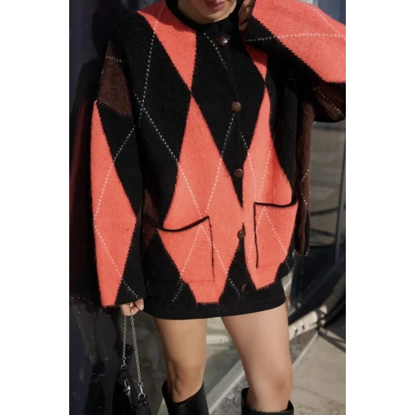 Baklava Desen Cepli Hırka  SiyahNeon Oranj