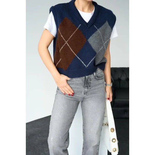 Baklava Desen Süveter - Lacivert-Acı Kahve