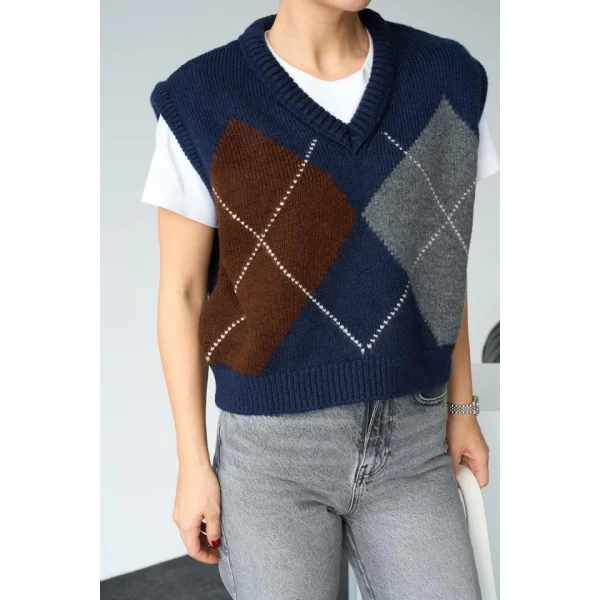 Baklava Desen Süveter - Lacivert-Acı Kahve